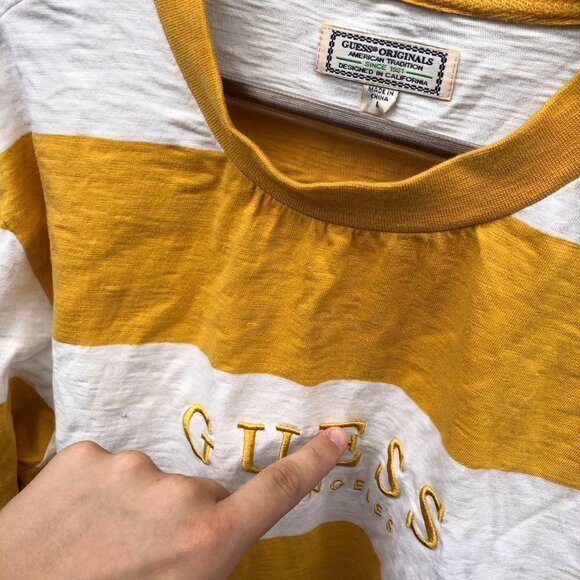 Striped Guess Shirt Crewneck Sweater Large Yellow/White - Picture 5 of 6